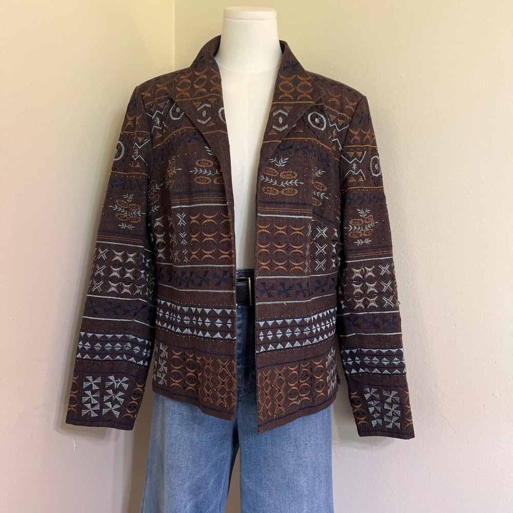 Coldwater Creek Brown Embroidered Beaded Denim Blazer Jacket Womens 12 Boho